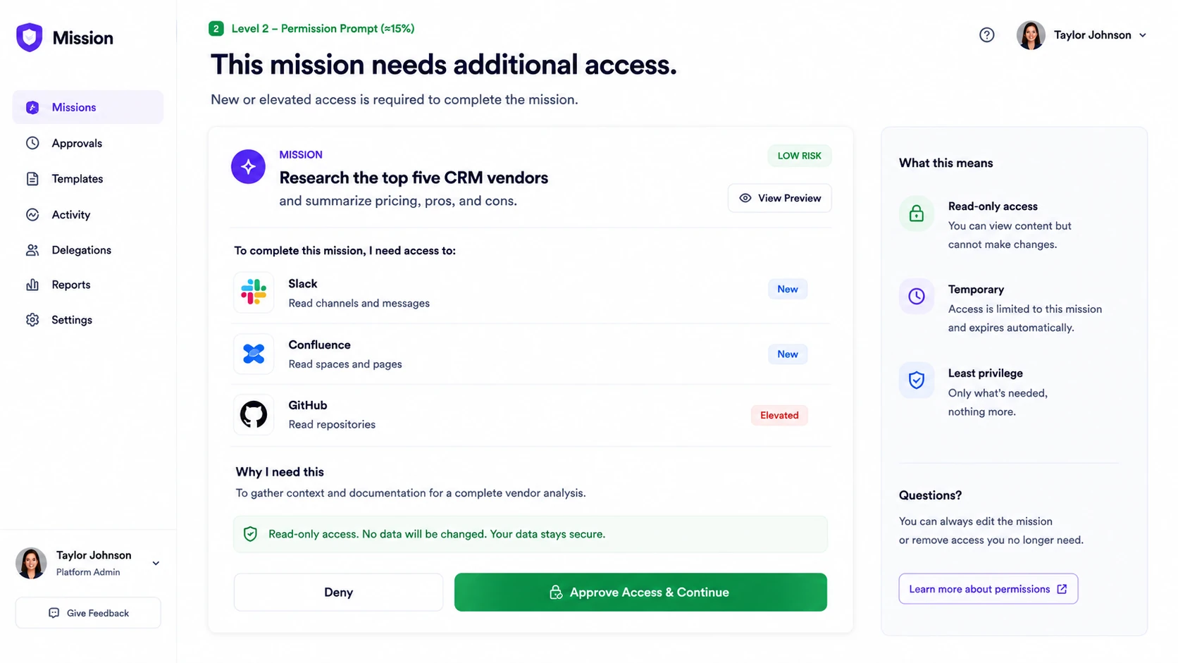 Mock expansion prompt: a running mission requests additional access to two new resources and one elevated scope, with the agent&rsquo;s stated reason, read-only framing, and approve or deny controls.